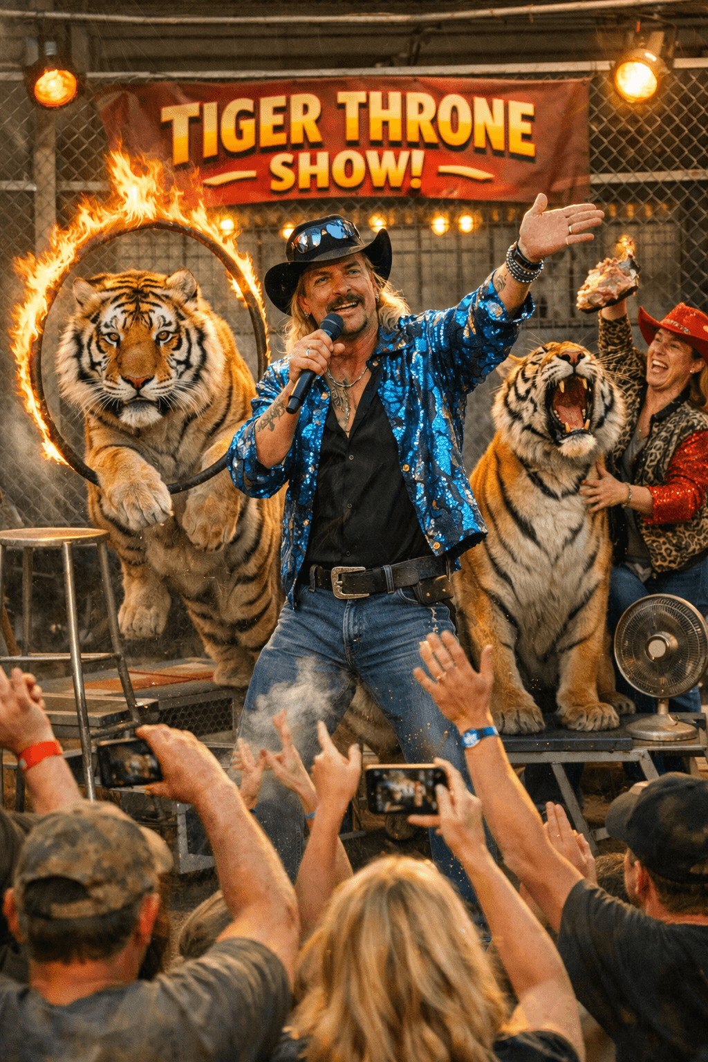 Tiger Throne Show poster featuring a performer, tigers, and a flaming ring.