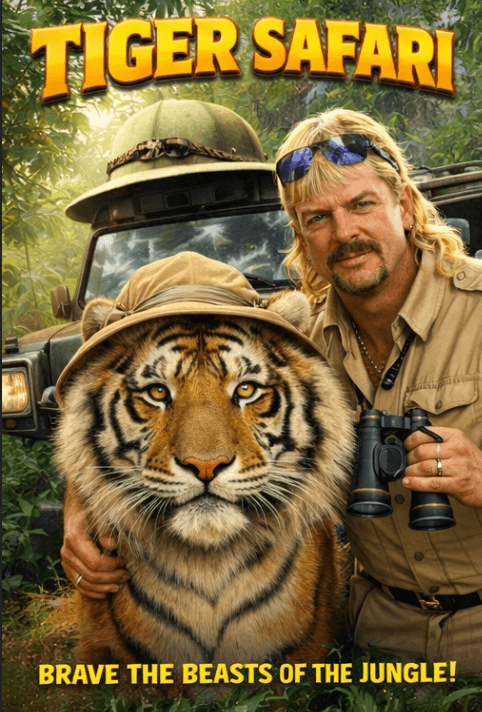 Tiger Safari poster with a safari vehicle, a tiger in a hat, and a safari-clad host.